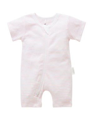 S/S Short Leg Zip Growsuit - Pale Pink Melange Stripe